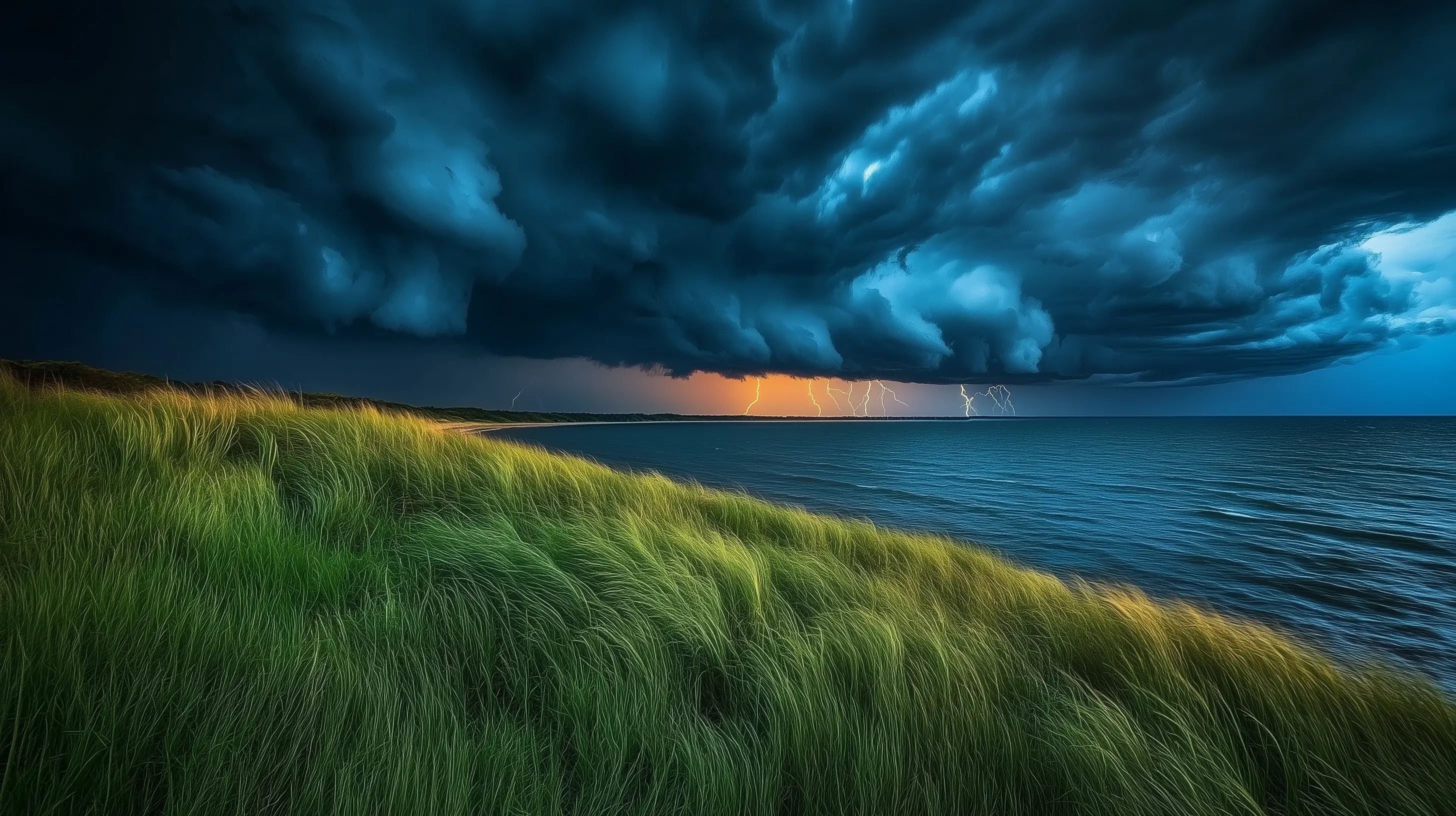A dark shoreline under a heavy storm cloud, lit by a thin band of light on the horizon.