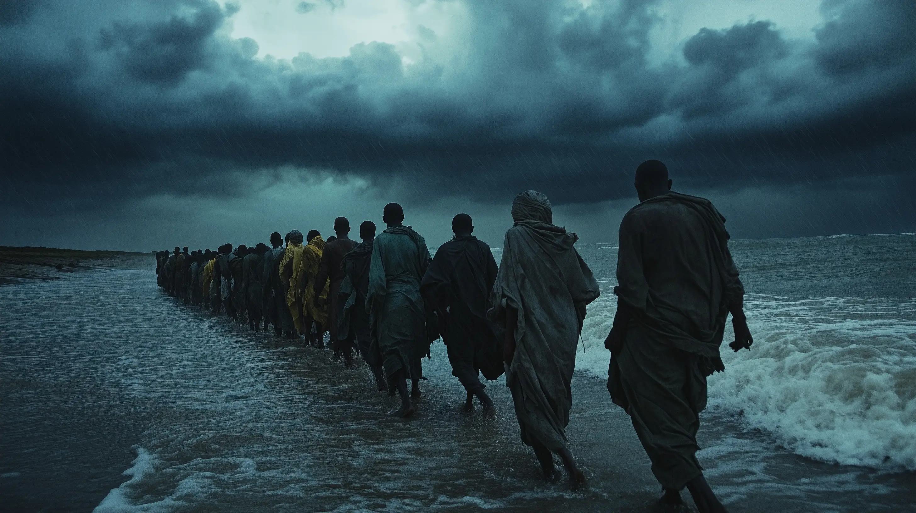 Figures walking together toward the water.