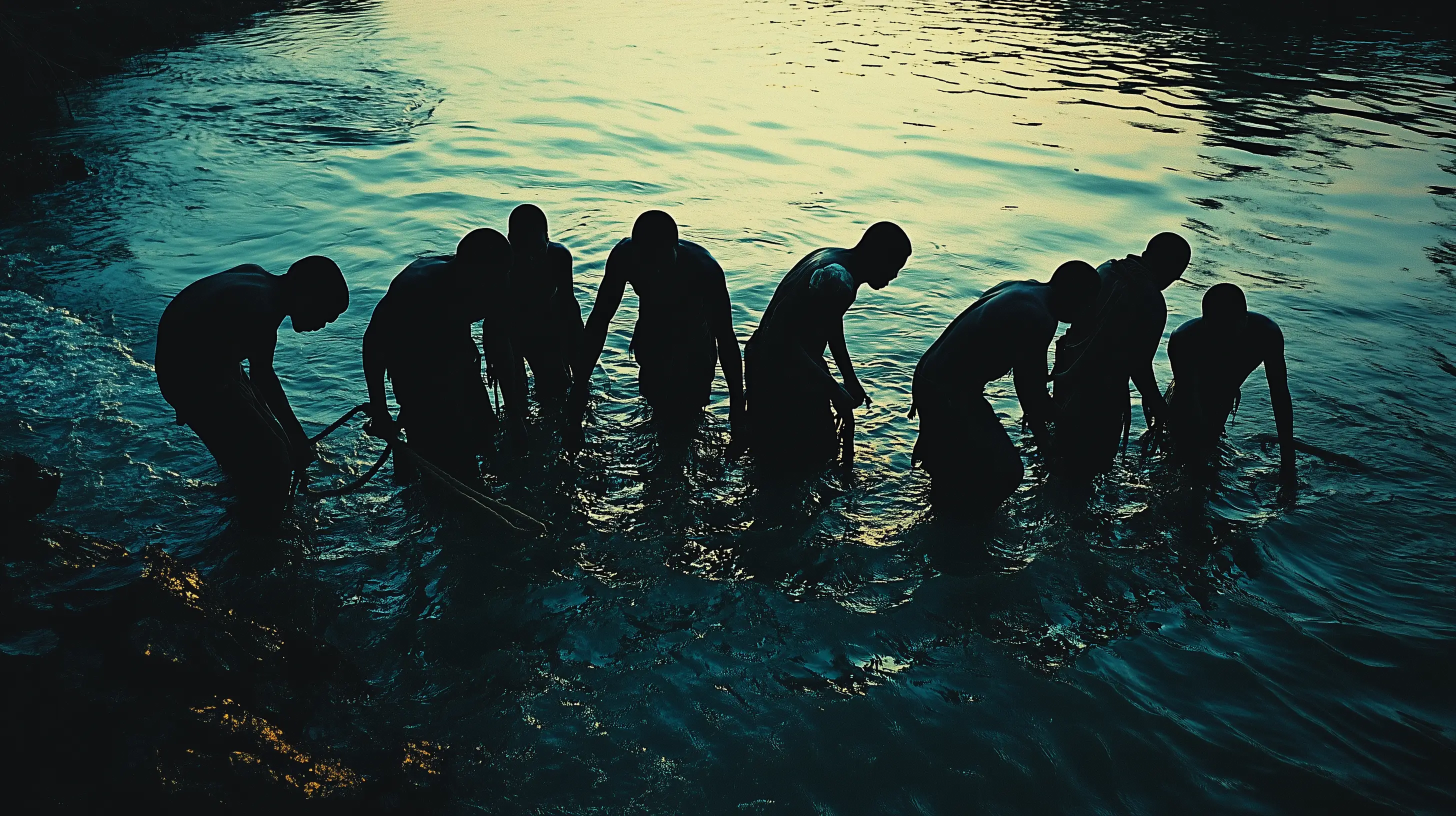 Silhouetted figures standing in the shallows at dusk, heads bowed toward the water.