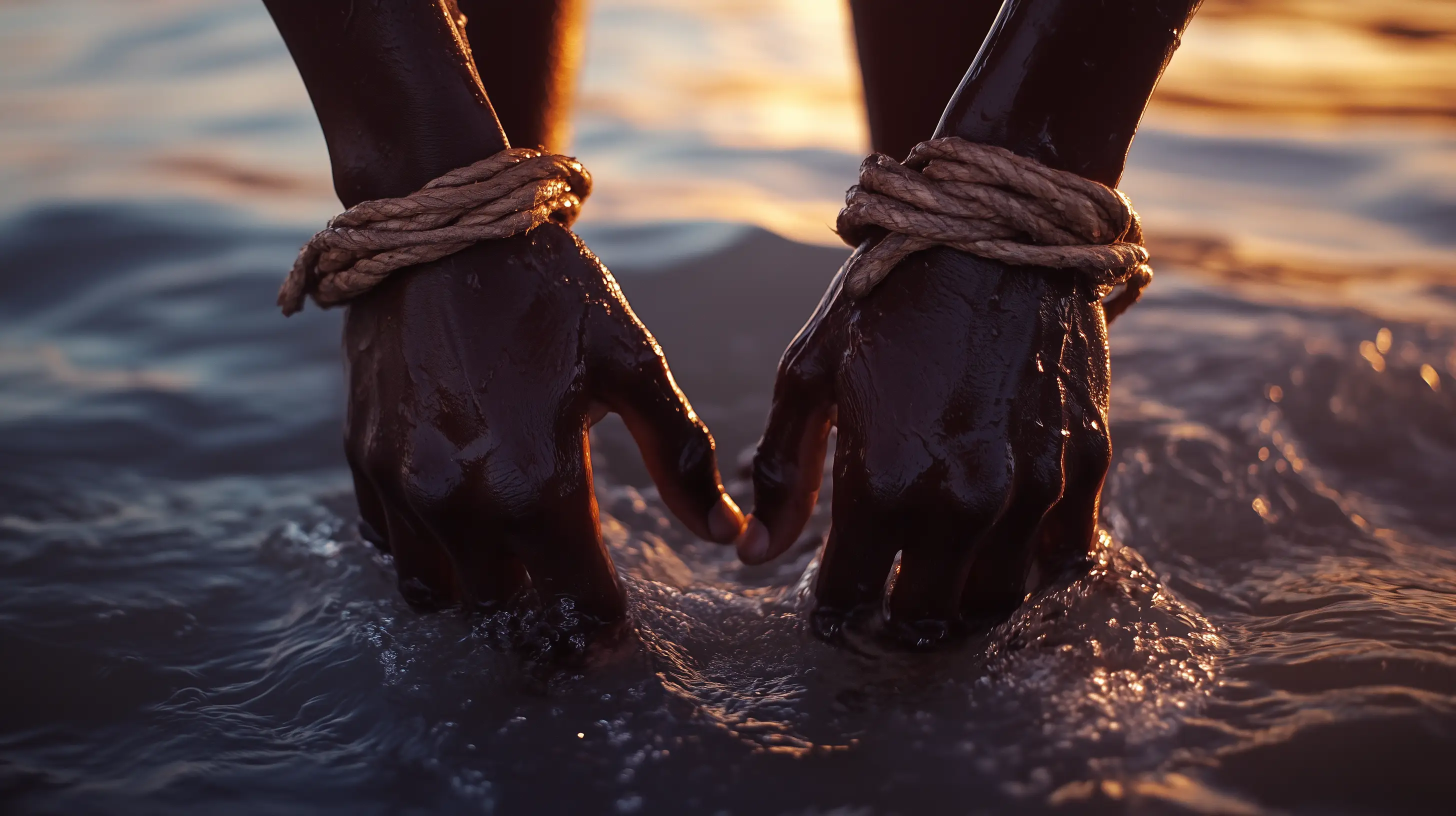 Two hands bound together with rope at the water's edge, lit by warm evening light.