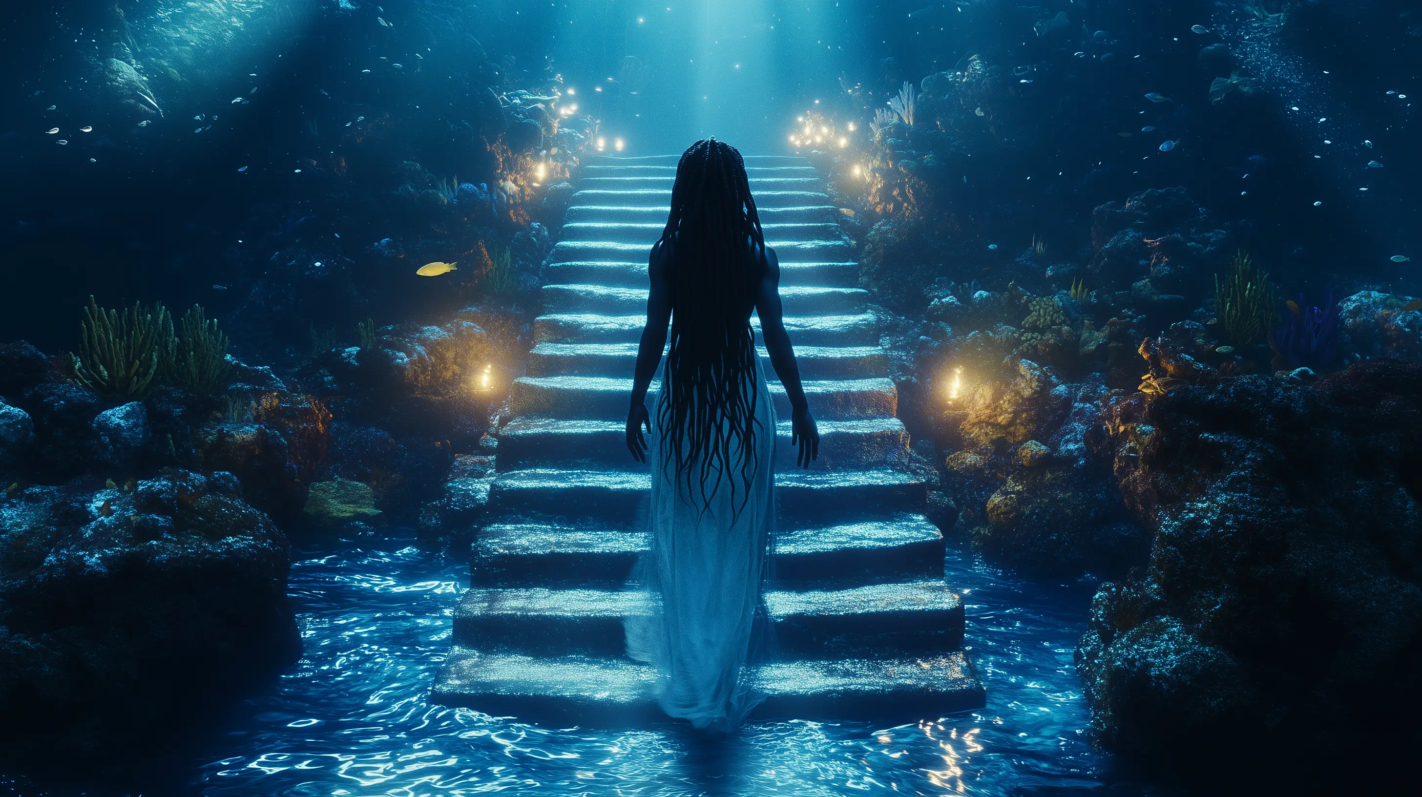 A woman with long braids in a flowing white dress ascending an underwater staircase, lit from above.