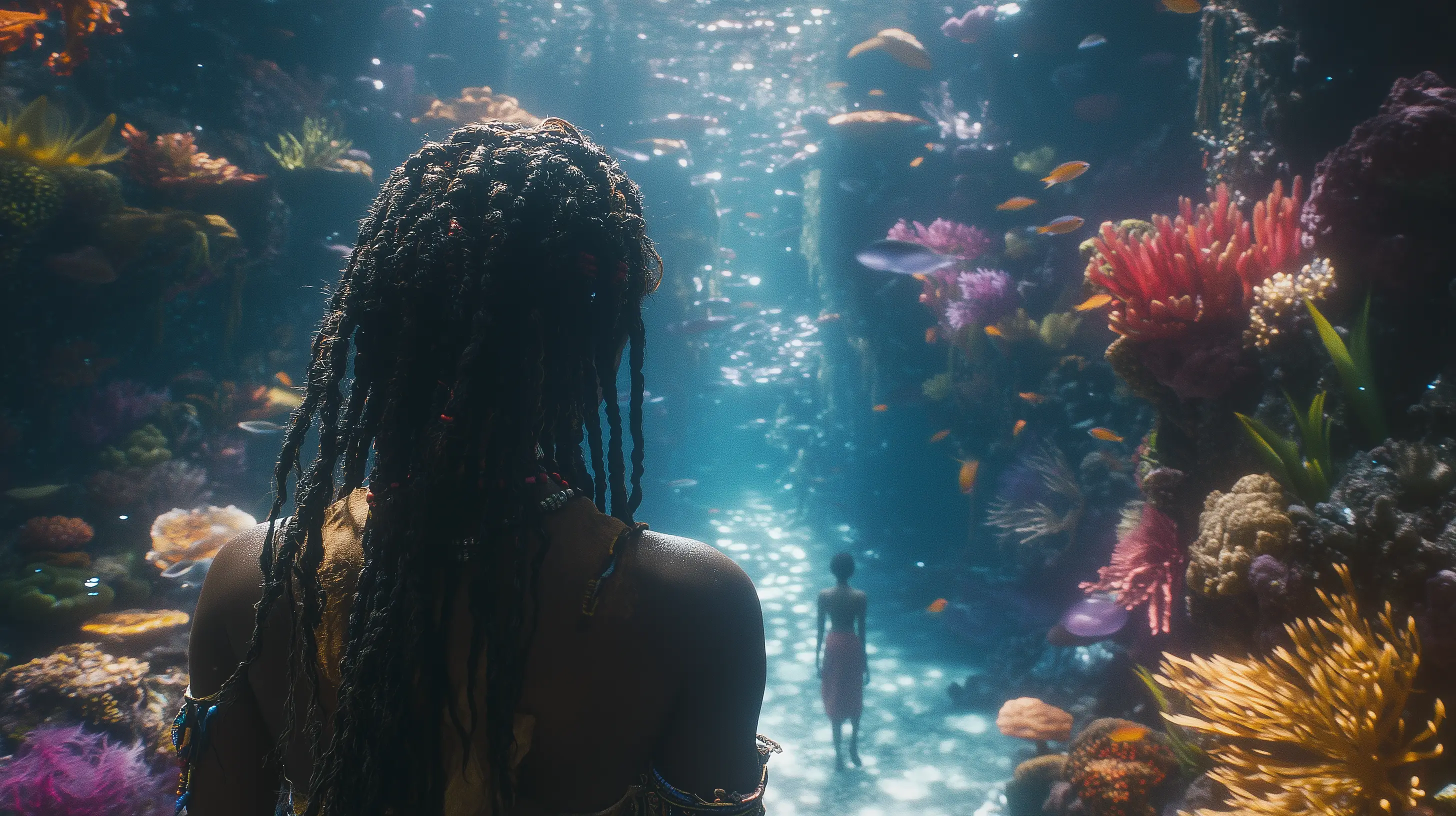 A figure walking into the water.