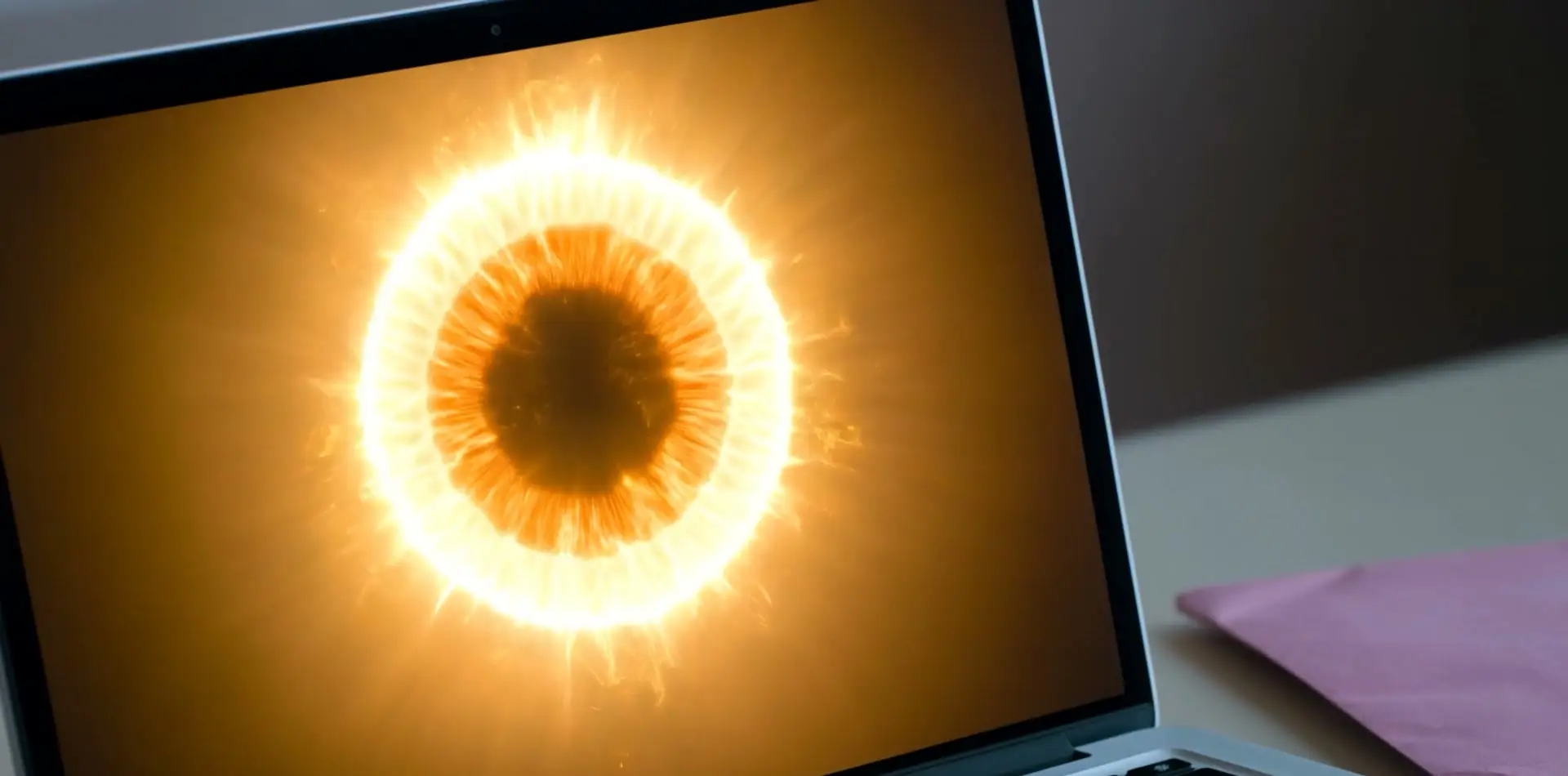 A laptop screen filled with a burning golden ring of light, opening in a dark bedroom.