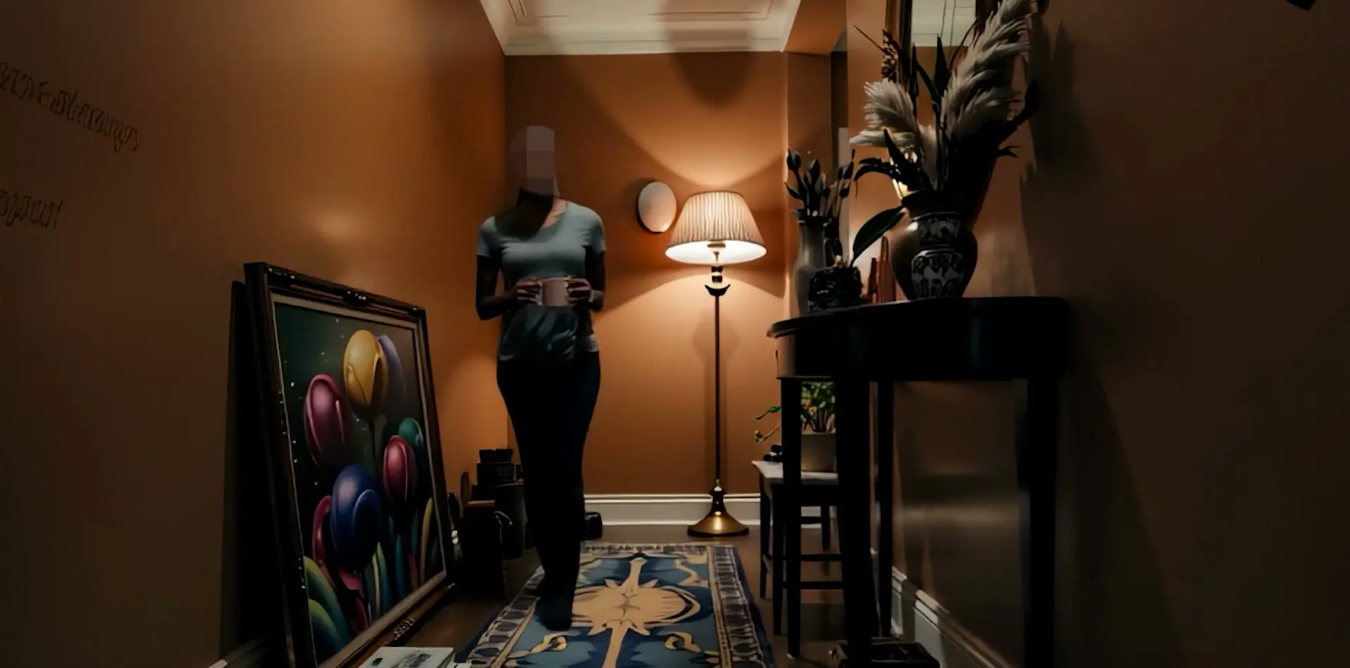 Amina standing in a dim hallway lined with framed pictures, lit by a single overhead light.