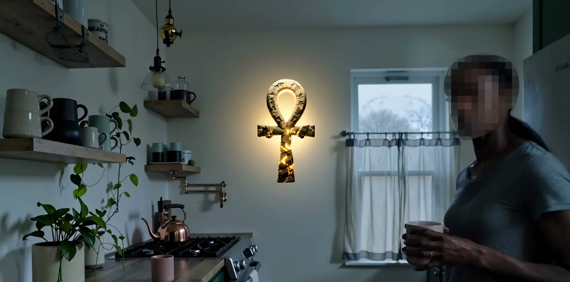 A glowing golden ankh mounted on a kitchen wall beside a window, with Amina standing out of focus in the foreground.