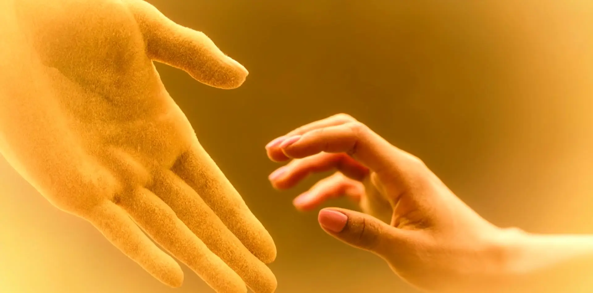 Two hands reaching toward one another in warm golden light, almost touching.